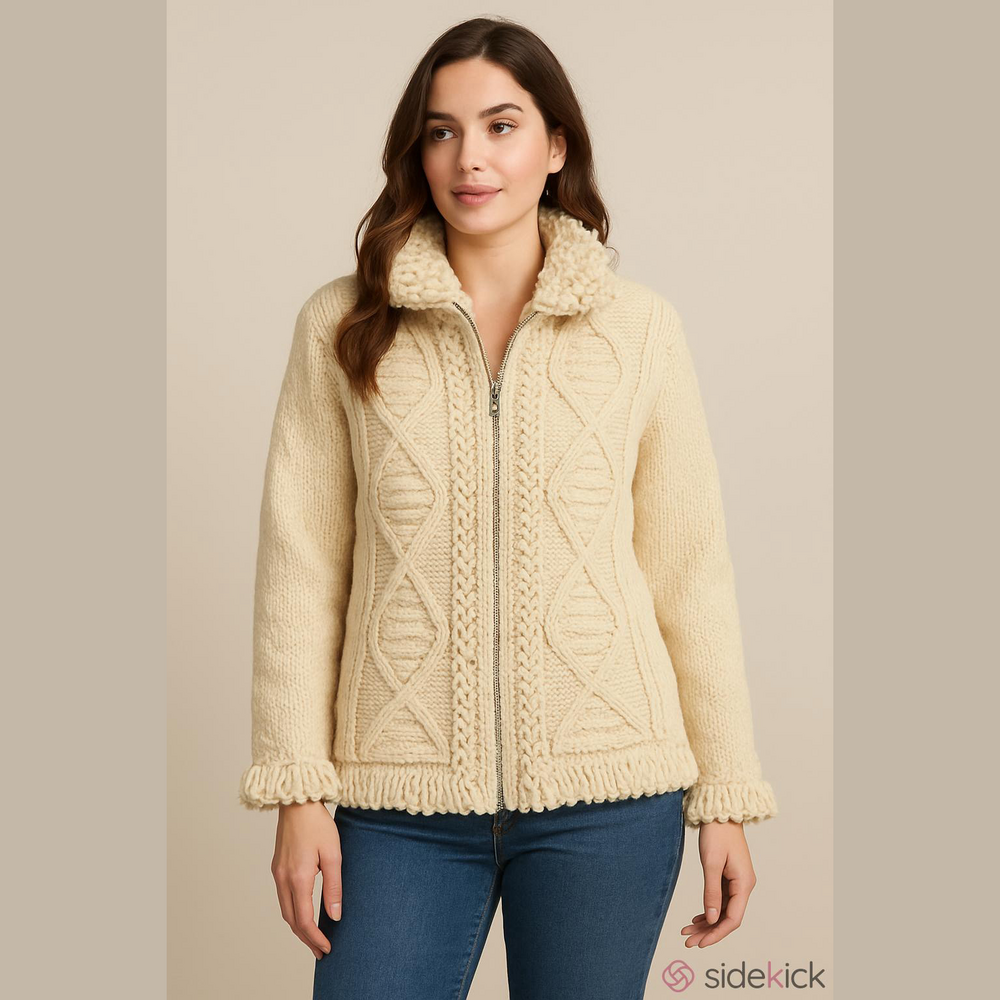 Handknit Ecaudor 100% Wool Sweater jacket cream size Large